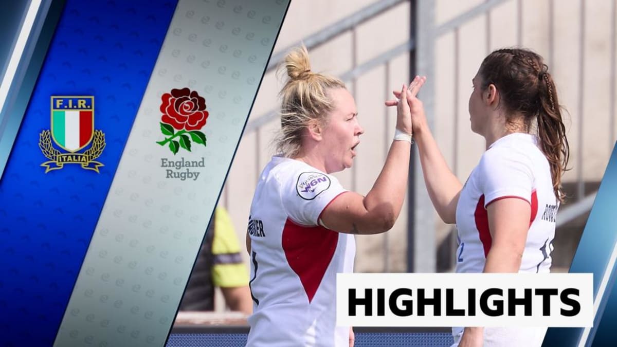 England women's rugby players celebrating during their nine-try victory against Italy in Six Nations