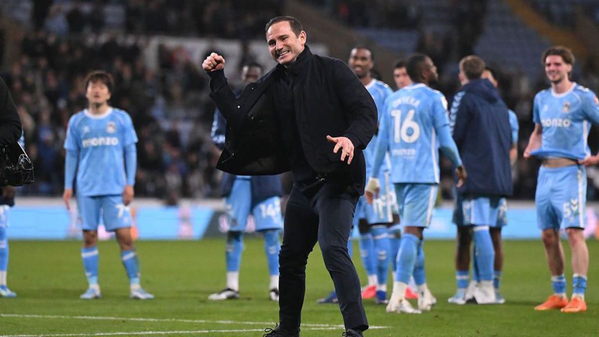 Frank Lampard celebrating on the sideline after Coventry City secured Premier League promotion