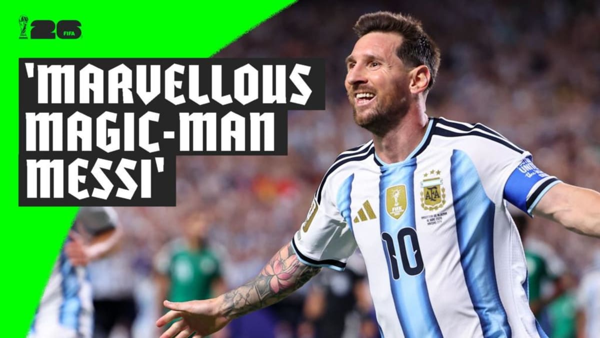 Lionel Messi celebrating on the soccer field after scoring a World Cup goal