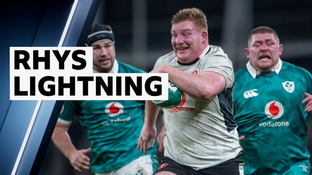 Wales rugby prop Rhys Carre charging downfield with the ball during spectacular solo try against Ireland