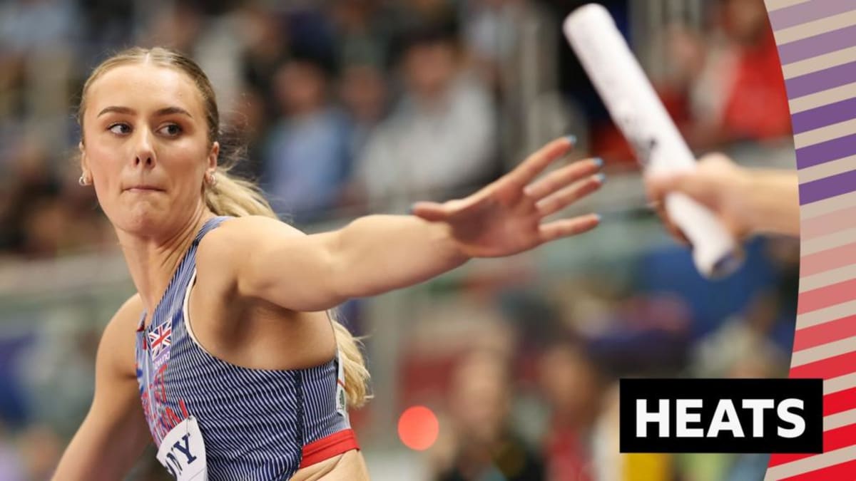 Four female athletes in Great Britain uniforms running relay race on indoor track