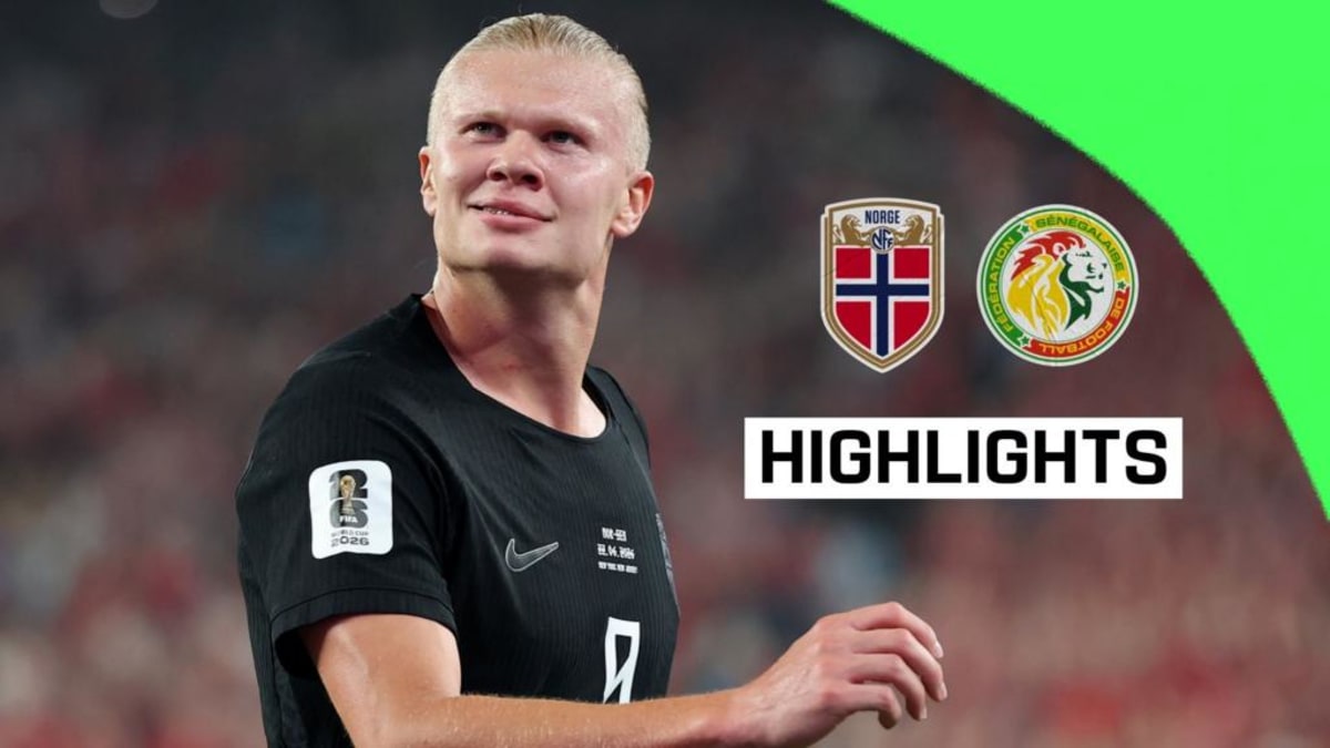 Erling Haaland celebrating in Norway jersey after scoring against Senegal at World Cup