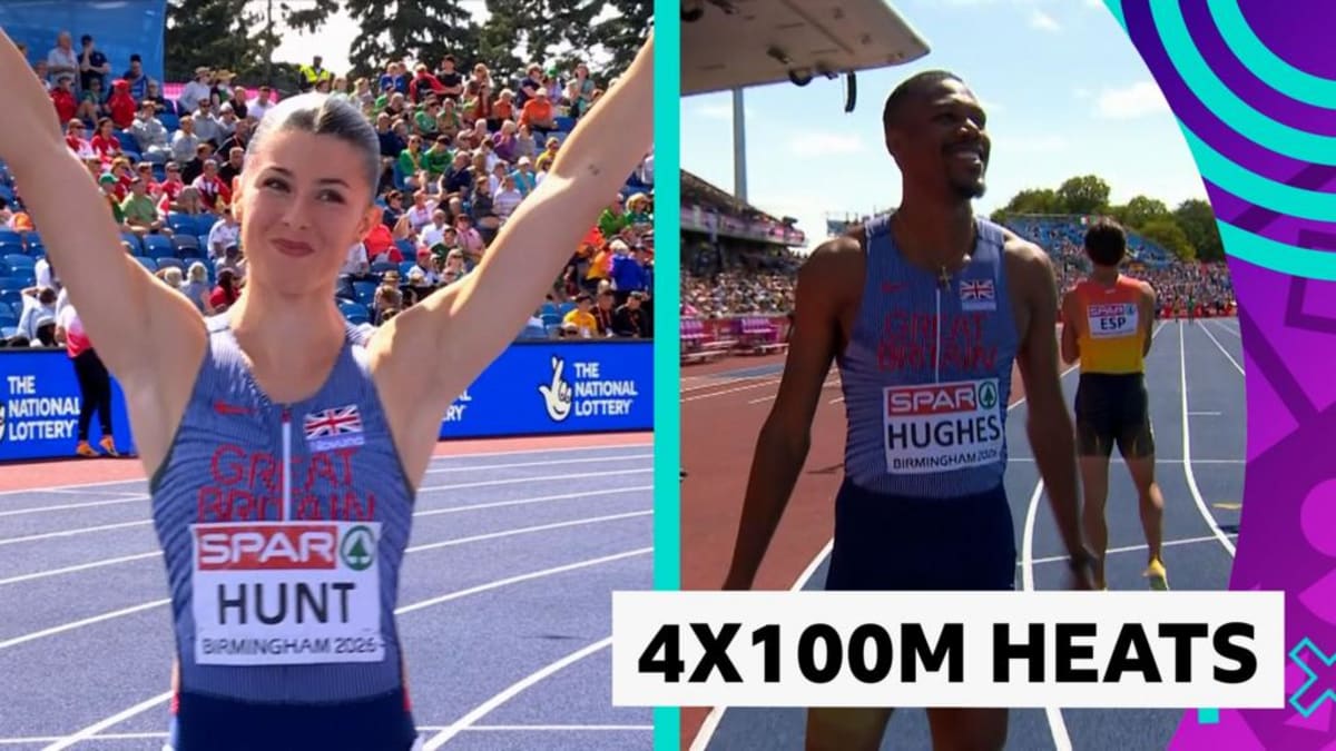 British relay runners passing baton during Olympic qualifying heat on track