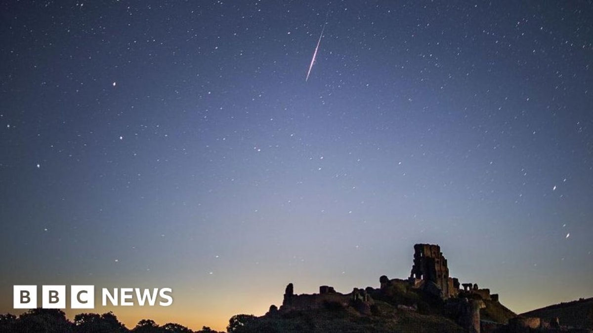 Brilliant Perseid meteor streaking across dark starry night sky over silhouetted landscape