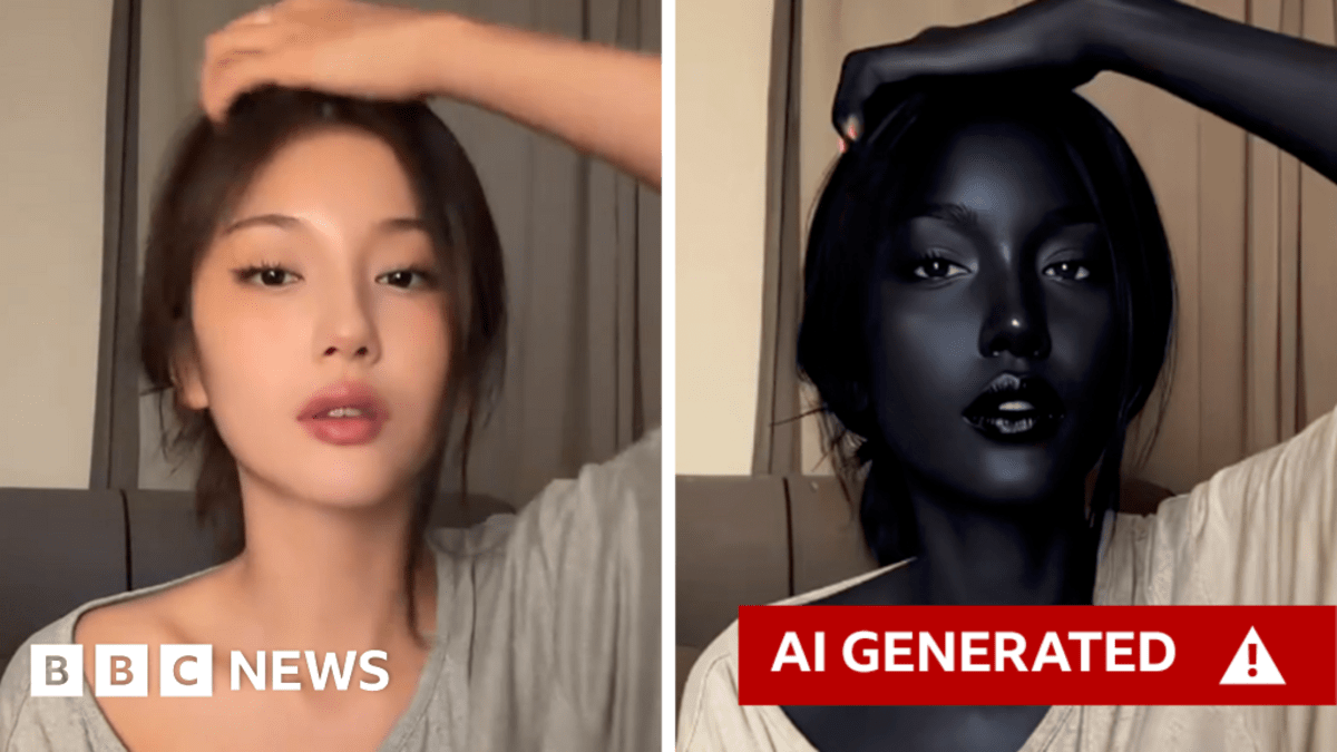 ** Split screen showing real content creator beside AI-generated manipulated version of her image