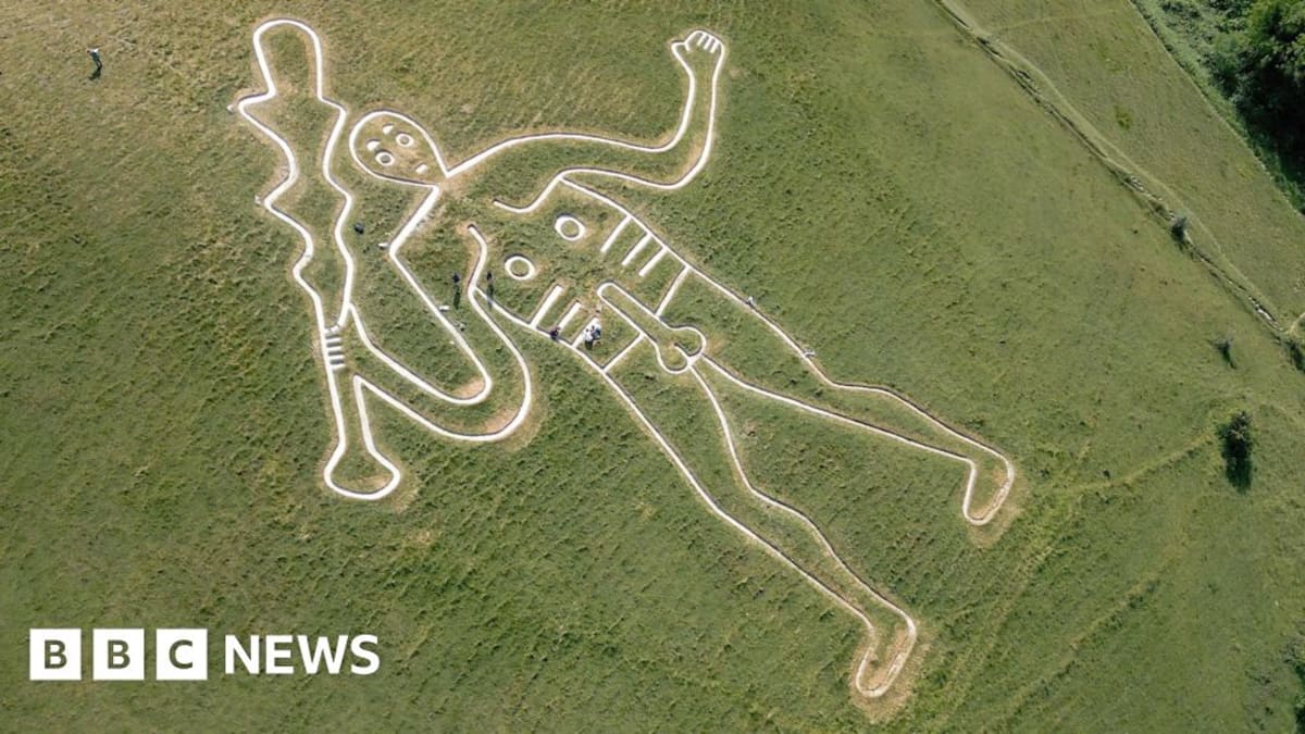 Volunteers working to restore white chalk outline of the Cerne Abbas Giant on green hillside