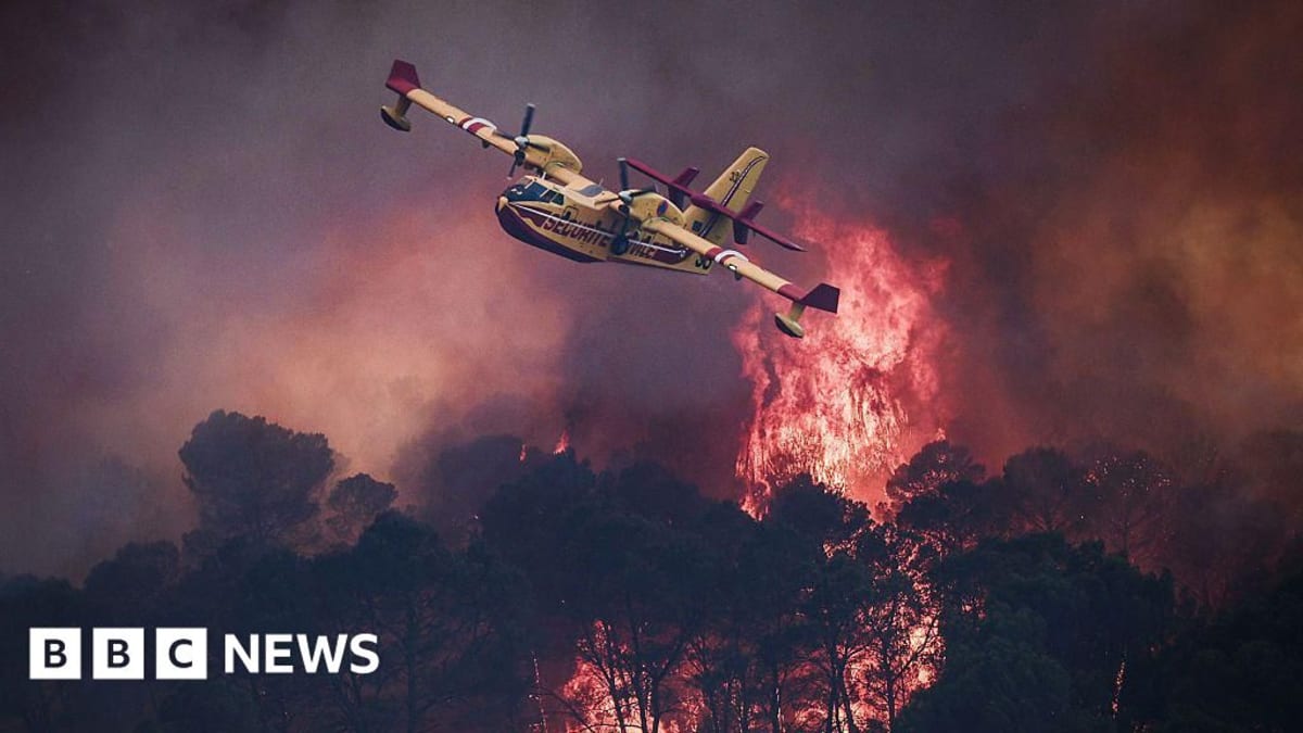 ** Canadair firefighting aircraft scooping water from lake to battle European wildfires