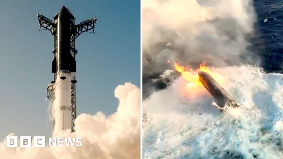 SpaceX Starship rocket launching into blue sky with flames and smoke from Texas launch site
