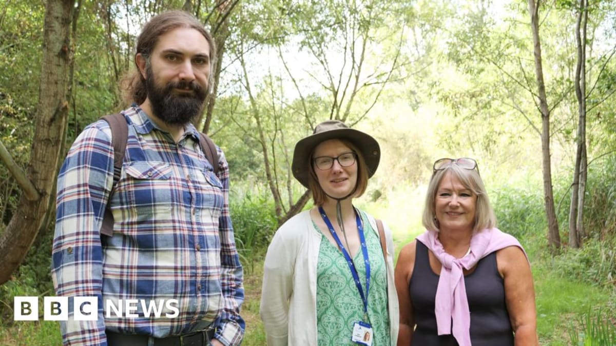 Council officials and volunteers standing at Longford Nature Park in Coventry discussing upcoming improvements