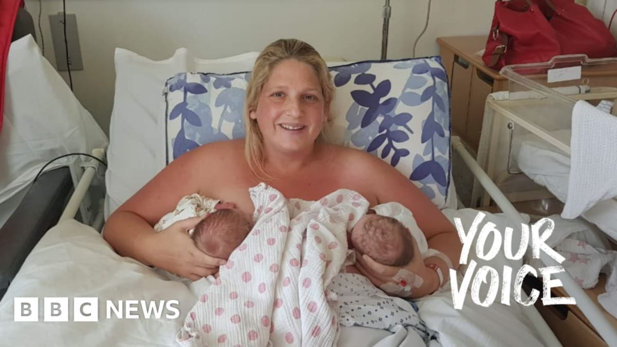 Victoria Oliver smiling with her six-year-old twin daughters who were born after rare disease diagnosis