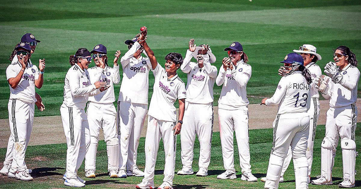 Indian women's cricket team celebrating historic 270-run victory over England at Lord's Cricket Ground