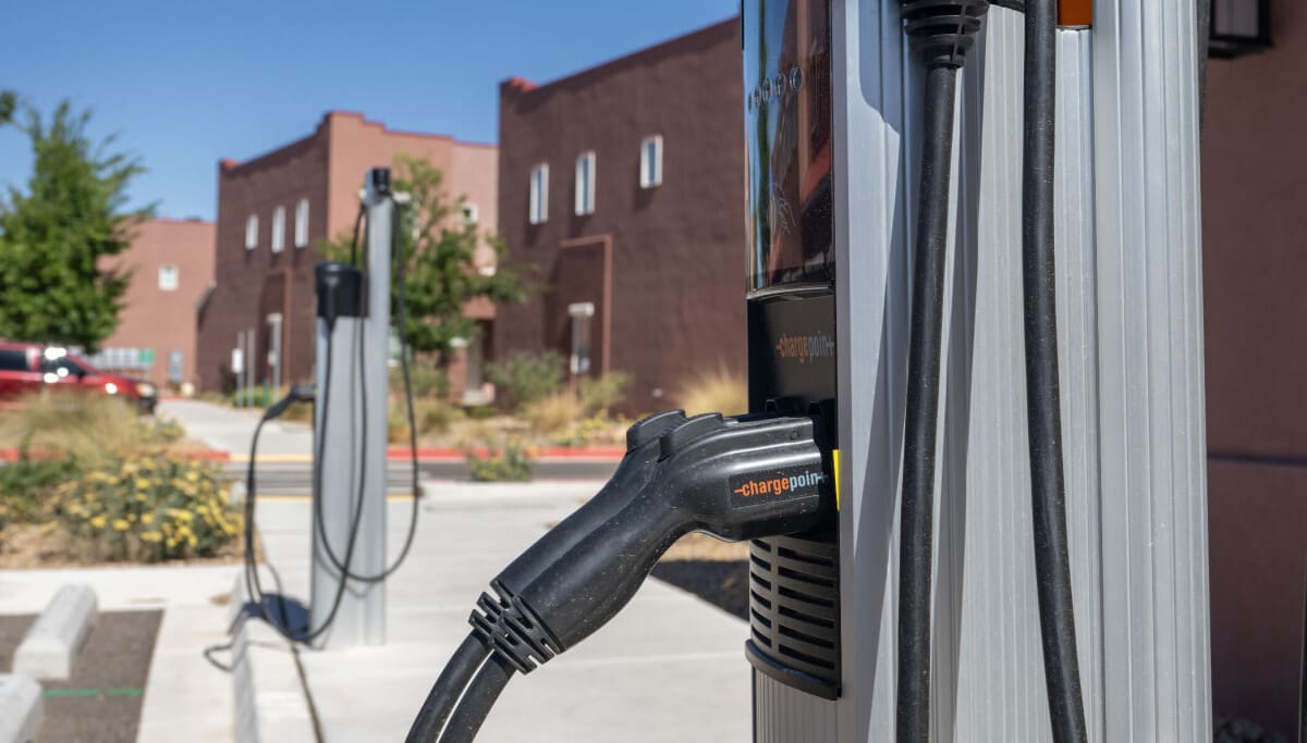 Modern eco-friendly townhomes with electric vehicle charging stations in Albuquerque, New Mexico