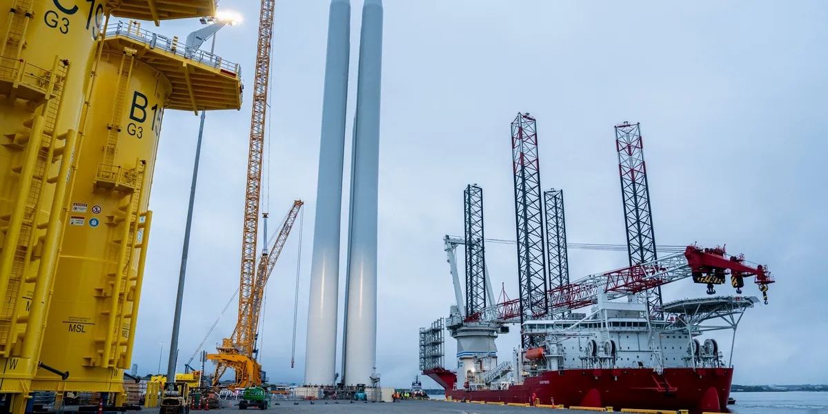 Dominion Energy's Charybdis vessel installing offshore wind turbines in ocean waters