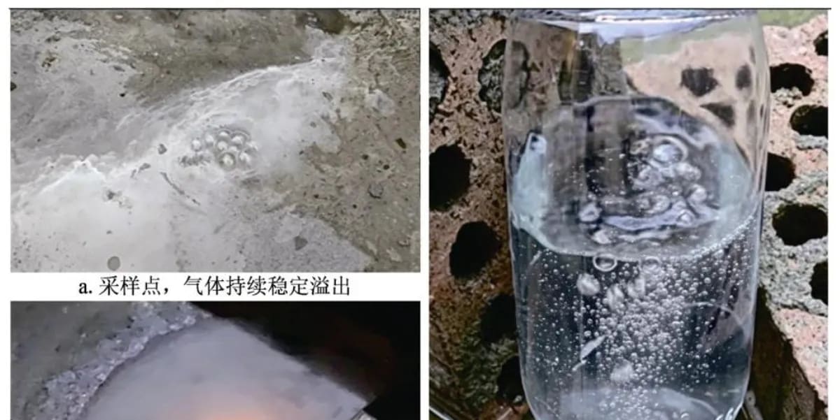 Natural hydrogen gas bubbling up from ground surface during field sampling in China
