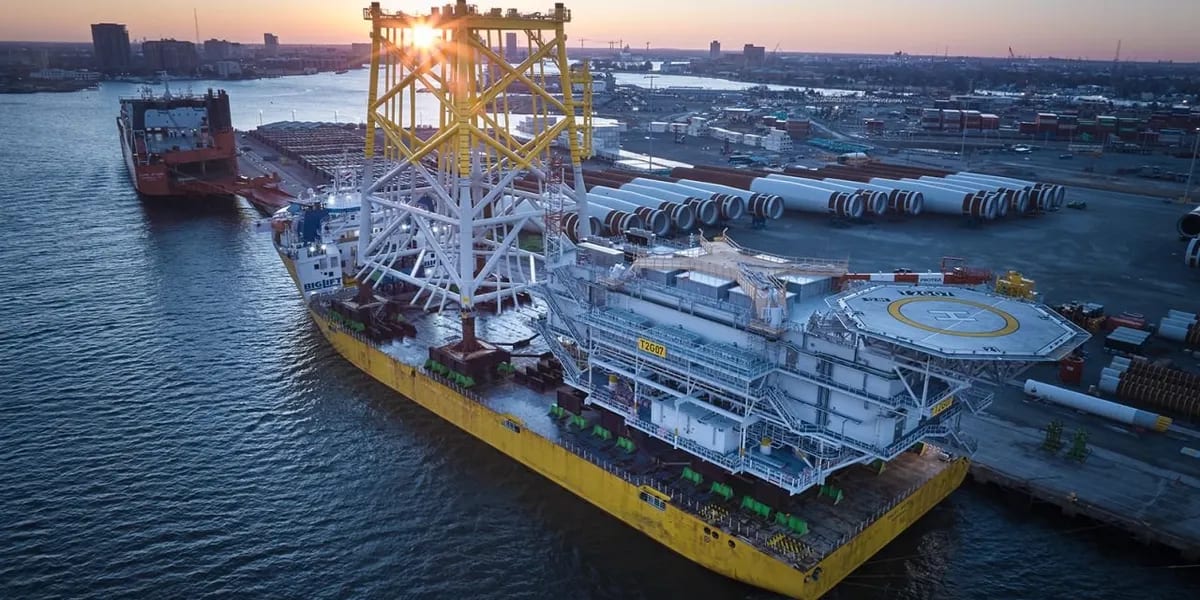 Large offshore wind turbine substations arriving at Port of Virginia for clean energy project