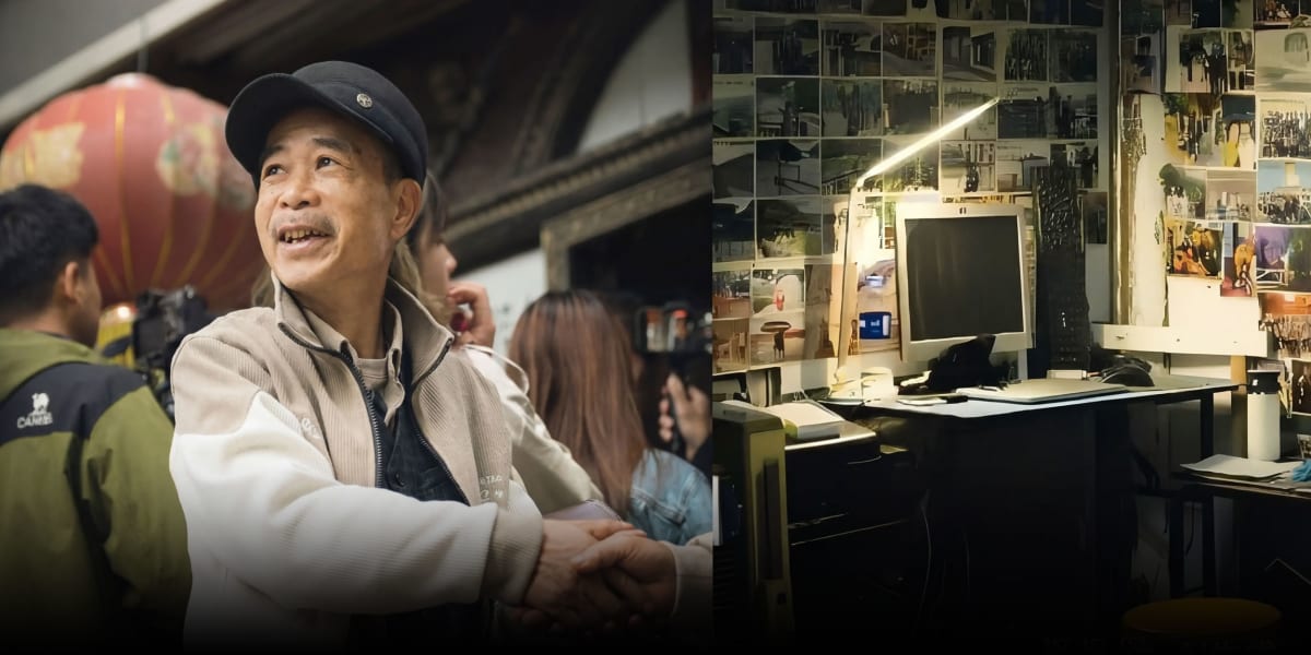 Elderly Chinese photographer Zhou Quanhu stands smiling beside his memorial portrait at goodbye party