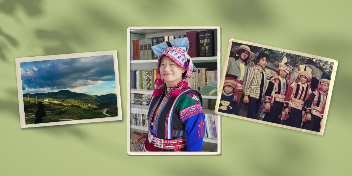 Traditional Yi village fields in rural Yunnan province with mountains in background