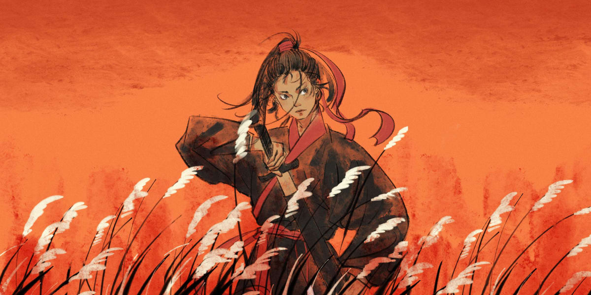 ** Scene from Chinese wuxia drama showing female warrior in flowing robes wielding sword