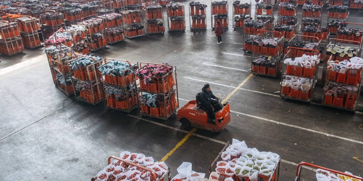 Workers sorting fresh flower bouquets in massive warehouse at Dounan Flower Market in Kunming, China