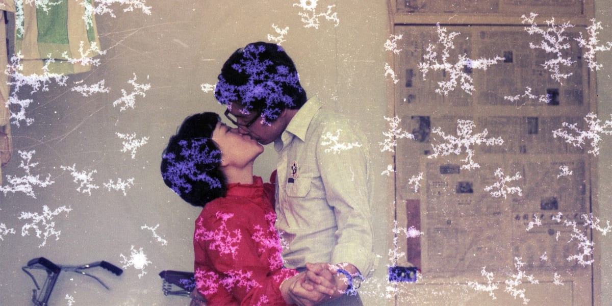 Vintage 1990s Chinese family photographs displayed from the Beijing Silvermine archive collection