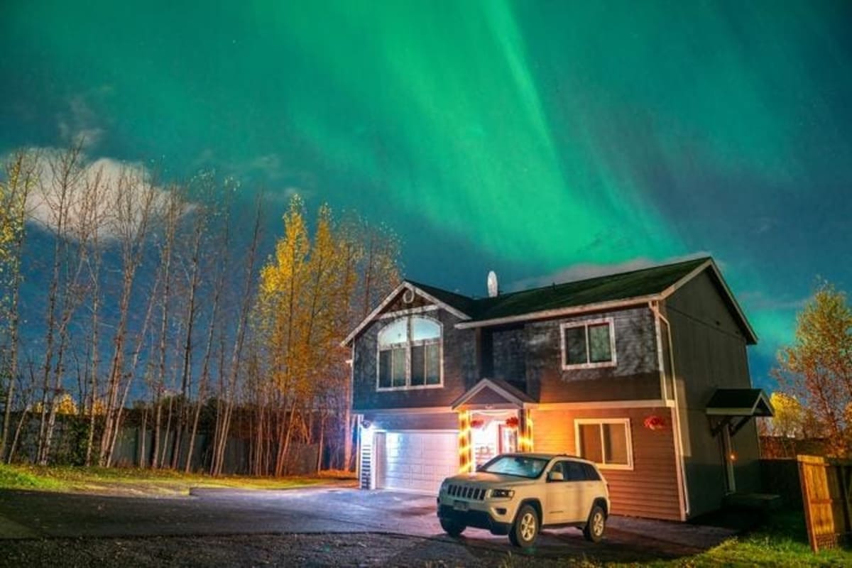 Northern lights aurora borealis glowing green and purple over dark landscape