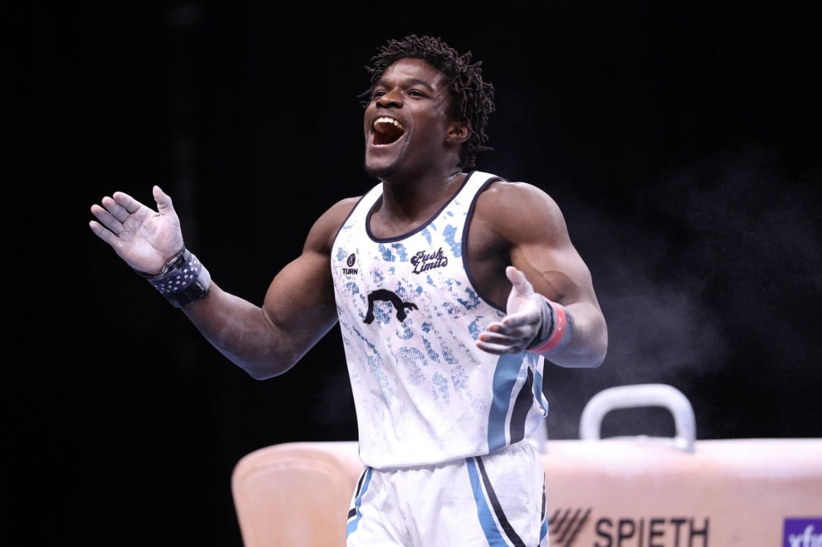 Fred Richard celebrating on pommel horse at 2026 U.S. Gymnastics Championships in Phoenix