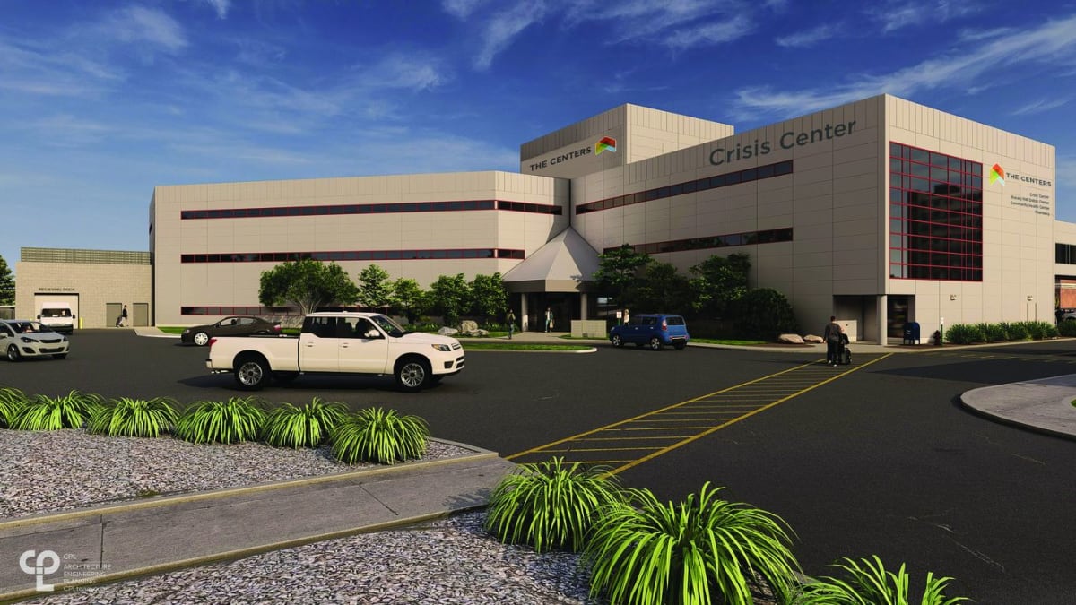 Rendering of new behavioral health crisis center building on former hospital campus in Ohio