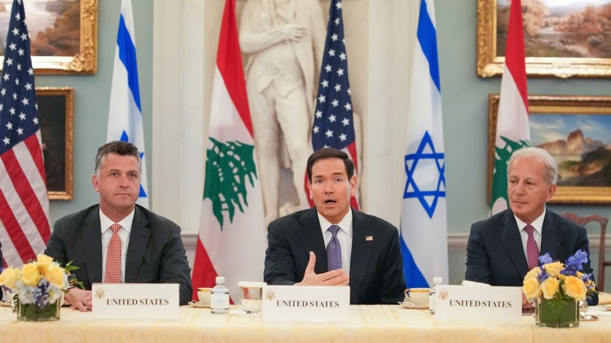 Secretary Marco Rubio seated at table with Israeli and Lebanese ambassadors during historic peace negotiations