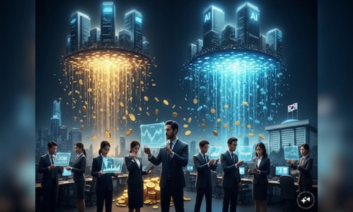 South Korean flag with digital AI network connections symbolizing technology economy and profit sharing
