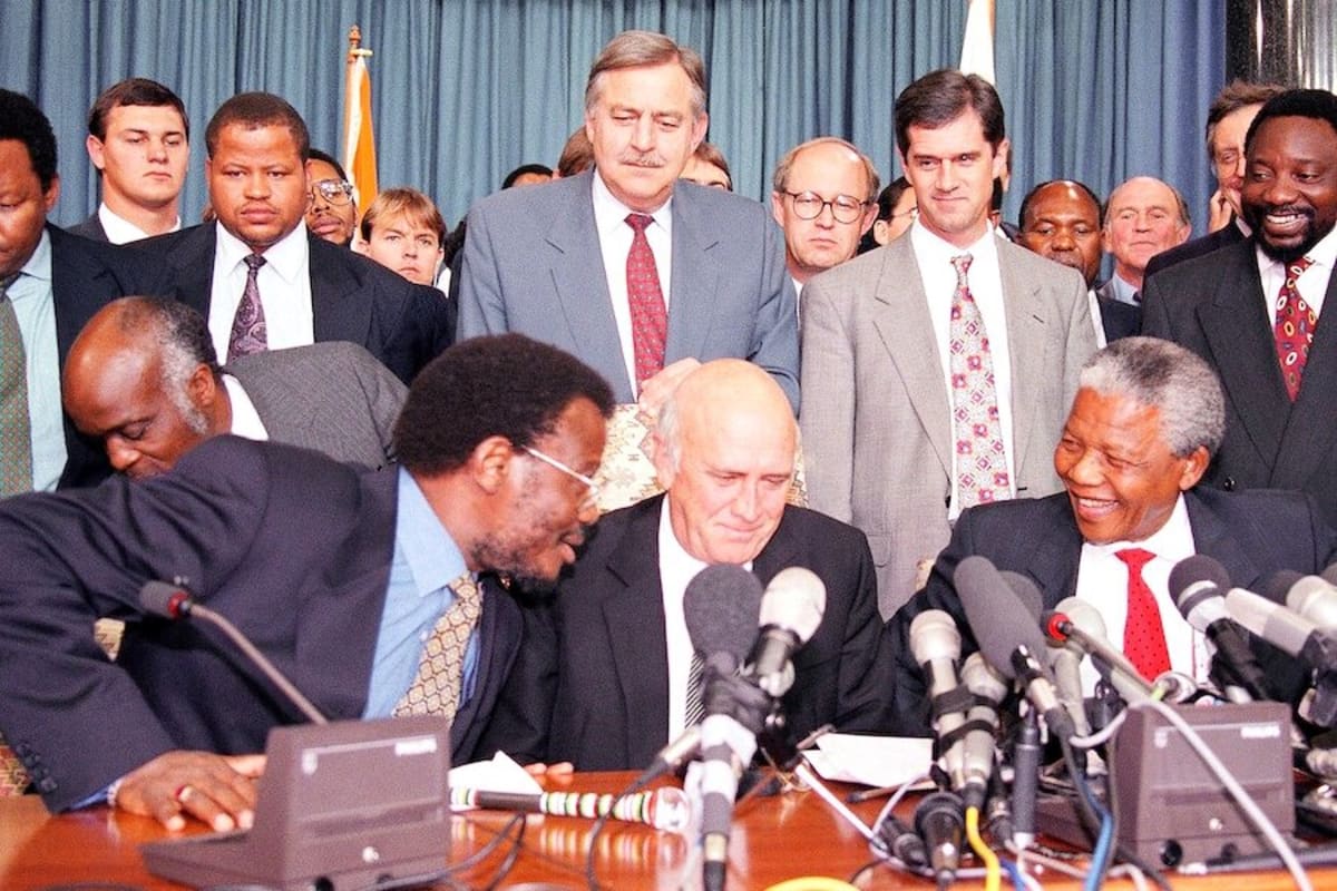Roelf Meyer and Cyril Ramaphosa at 1994 press conference before South Africa's first democratic election