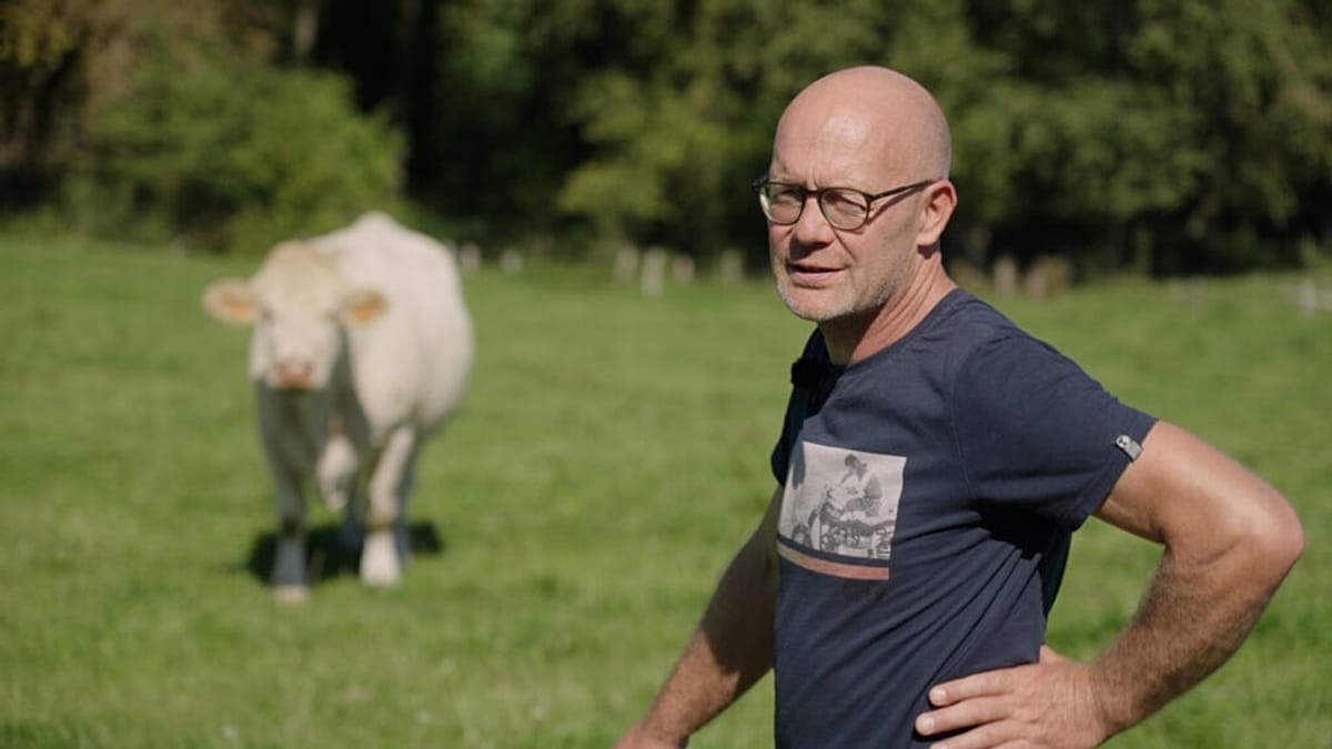 Belgian farmer Hugues Falys standing in field damaged by extreme weather events