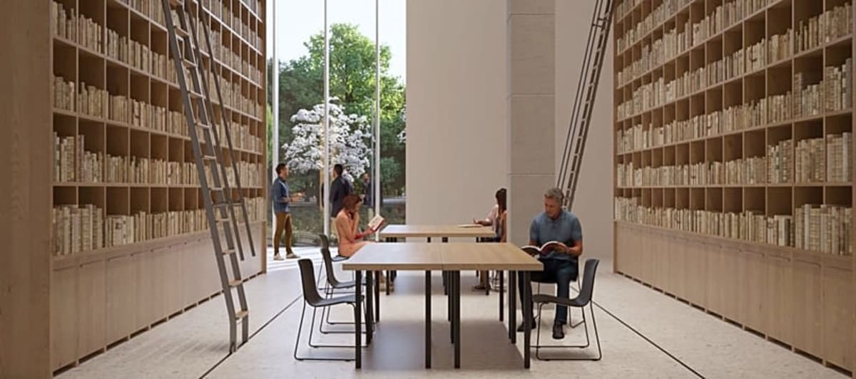 Architectural render of circular geometric museum building in Tashkent with modern minimalist design