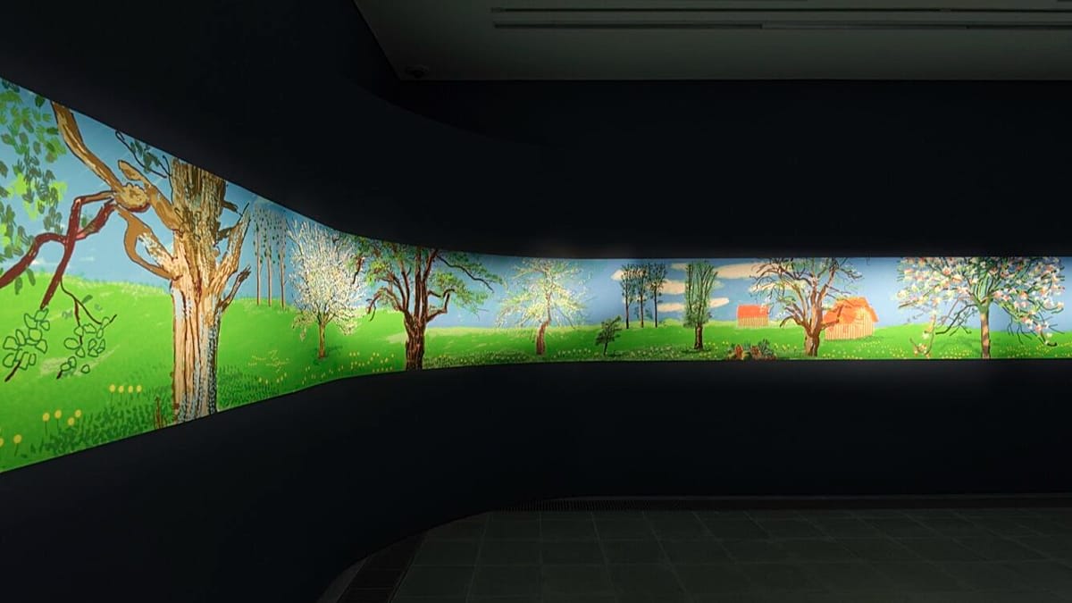 David Hockney's colorful 70-meter painting showing seasonal changes displayed in London gallery
