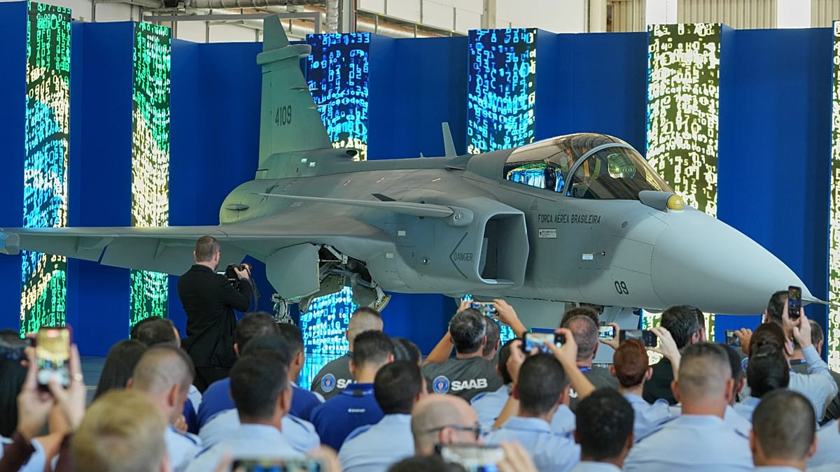 Brazil's first locally assembled F-39E Gripen supersonic fighter jet on display at unveiling ceremony