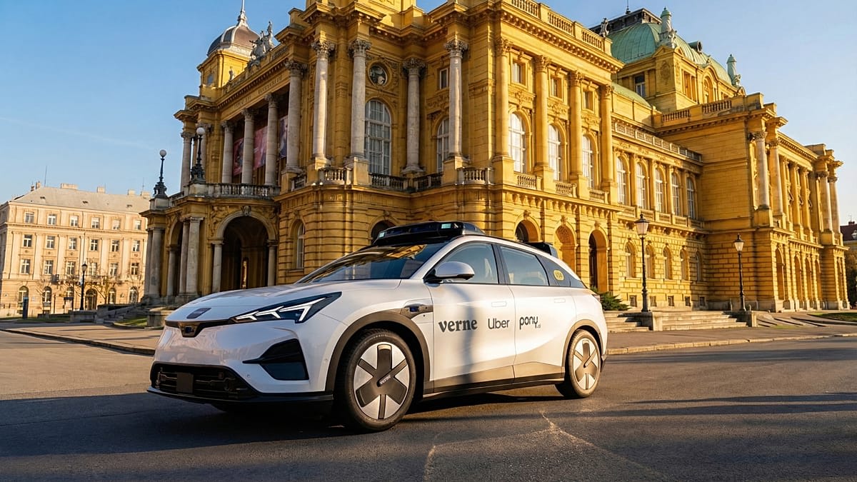 Self-driving robotaxi with sensors on top driving through Zagreb city streets