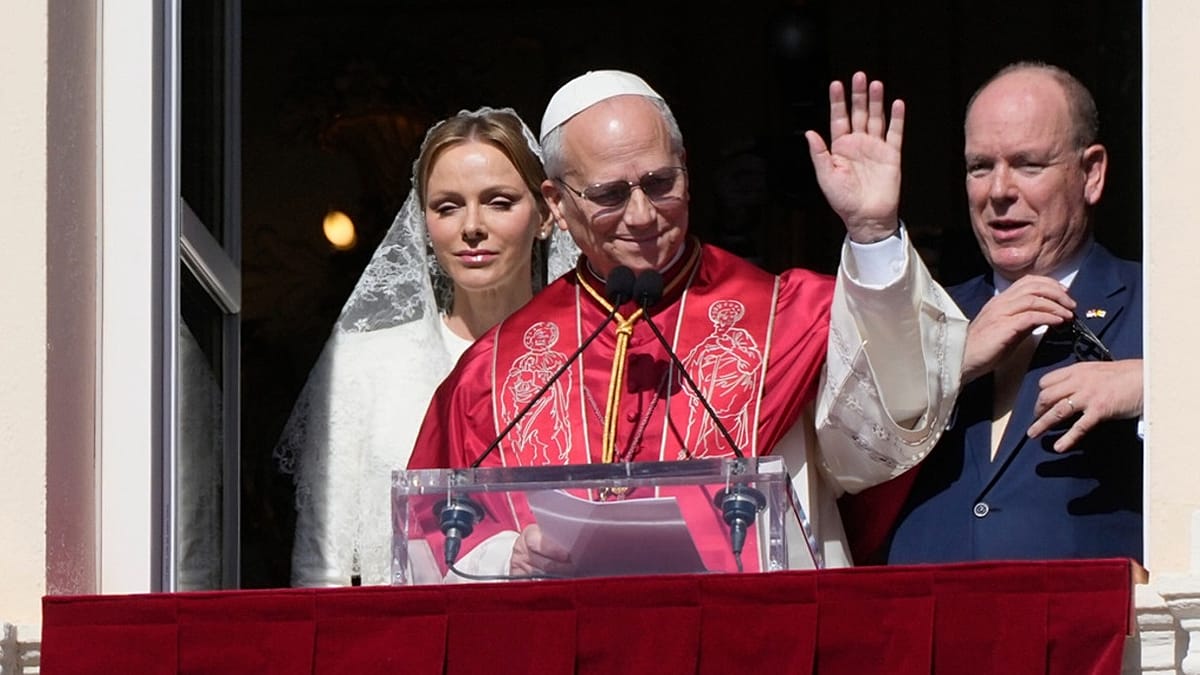 Pope Leo XIV greets Prince Albert and Princess Charlene at Monaco palace balcony during historic visit