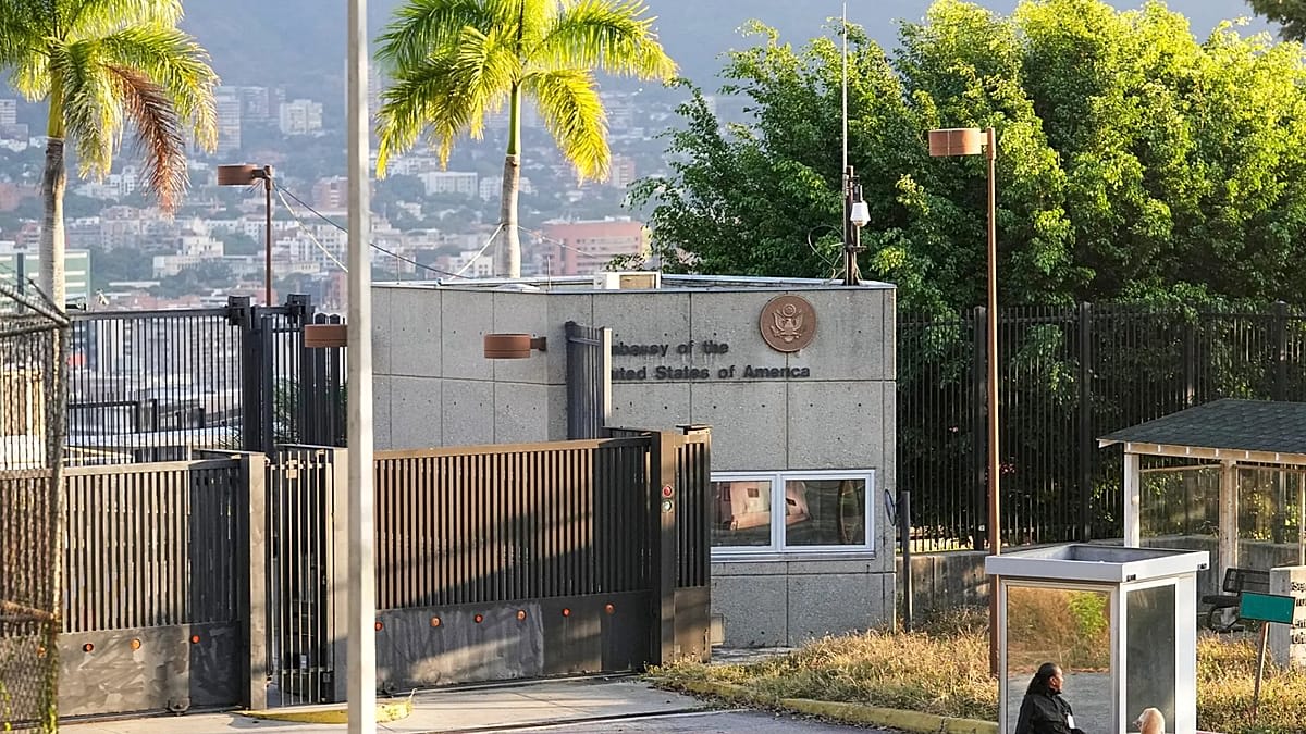 American flag flying outside the United States embassy building in Caracas, Venezuela