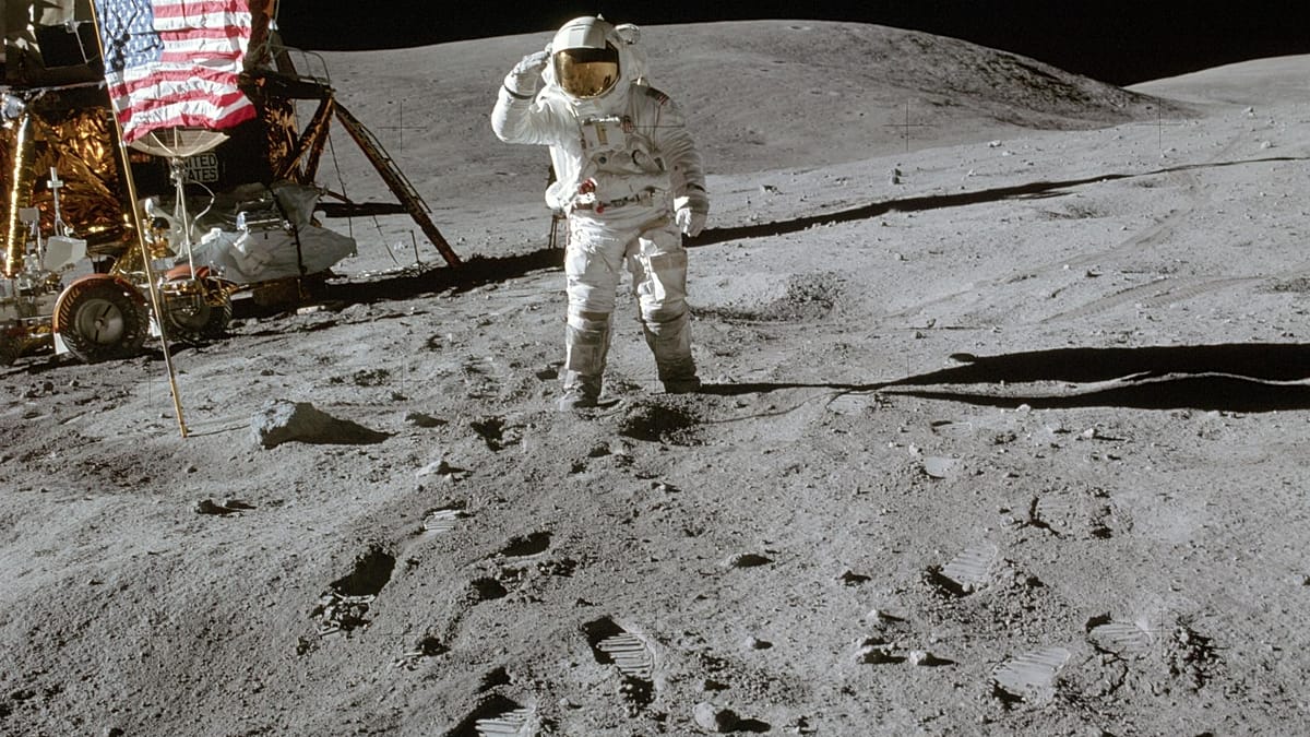 Charlie Duke in NASA spacesuit during Apollo 16 mission on the Moon's surface