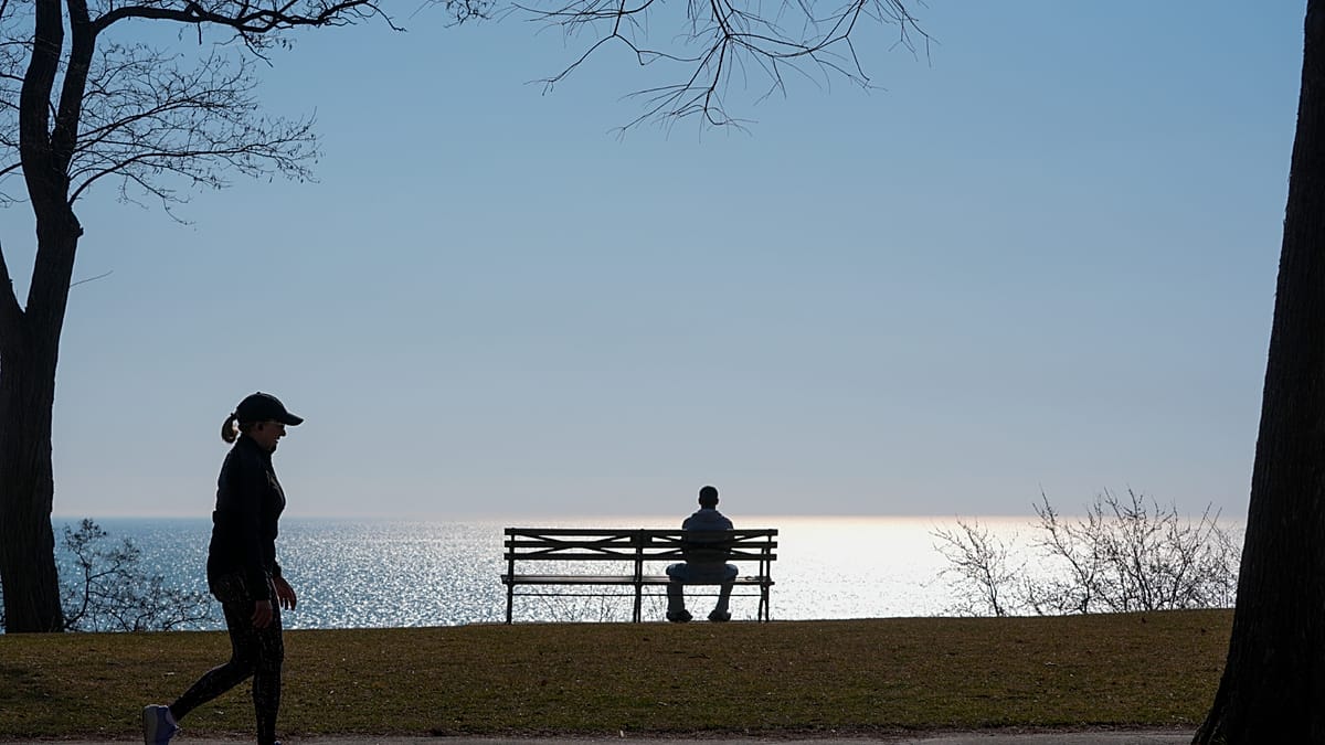 Two people sitting together on park bench having warm conversation and connection