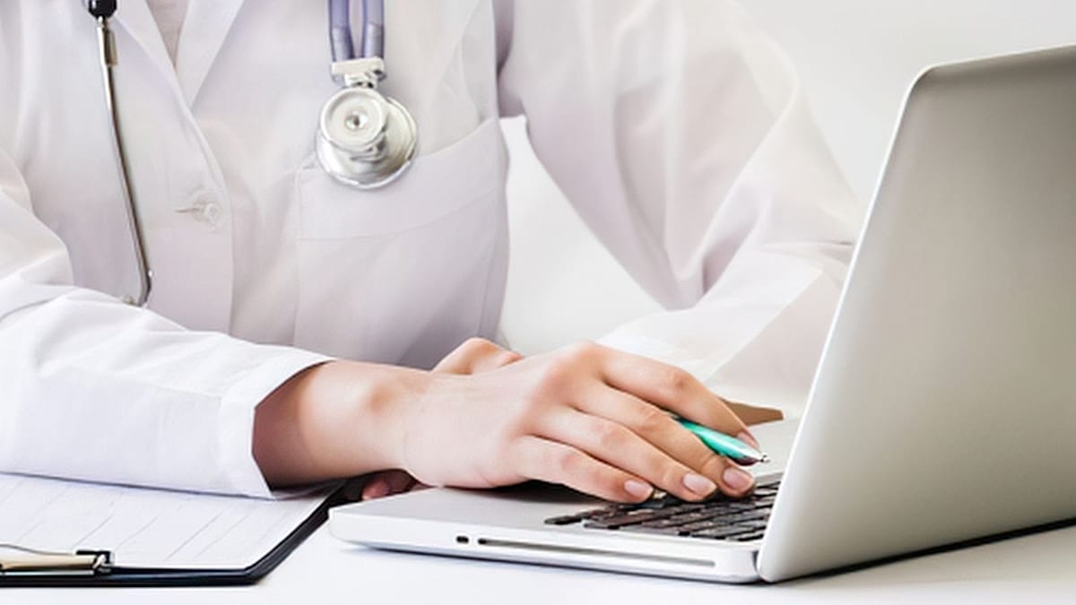 ** Doctor reviewing patient information on digital tablet alongside AI-powered medical diagnostic system in hospital