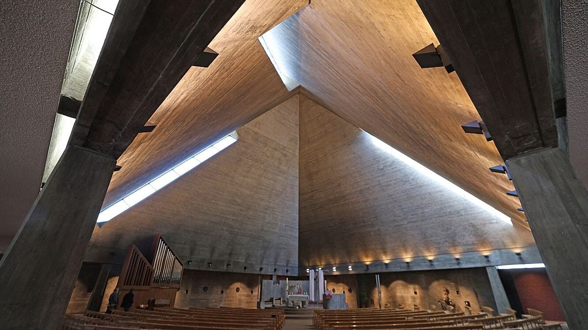 Exterior of St. Andrew's modernist church building in Würzburg, Germany, awaiting conversion to climbing center