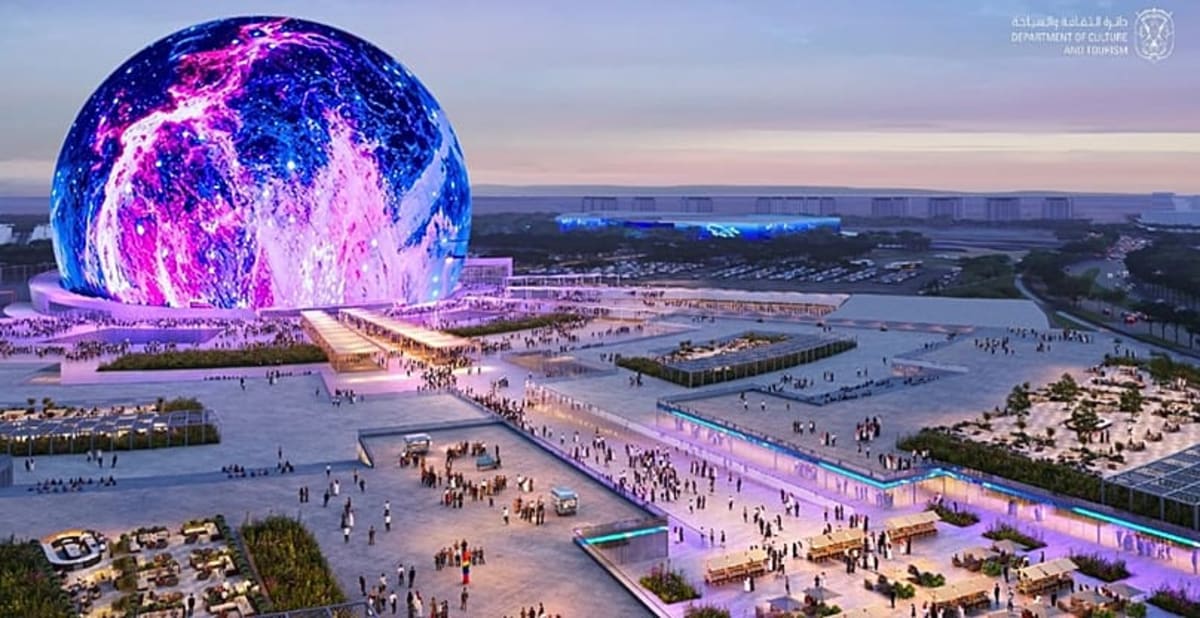 Futuristic spherical LED venue rendering on Abu Dhabi's Yas Island entertainment district
