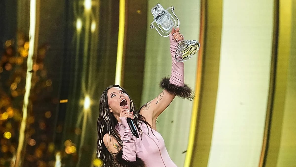Bulgarian singer Dara celebrates on stage after winning the 70th Eurovision Song Contest in Vienna