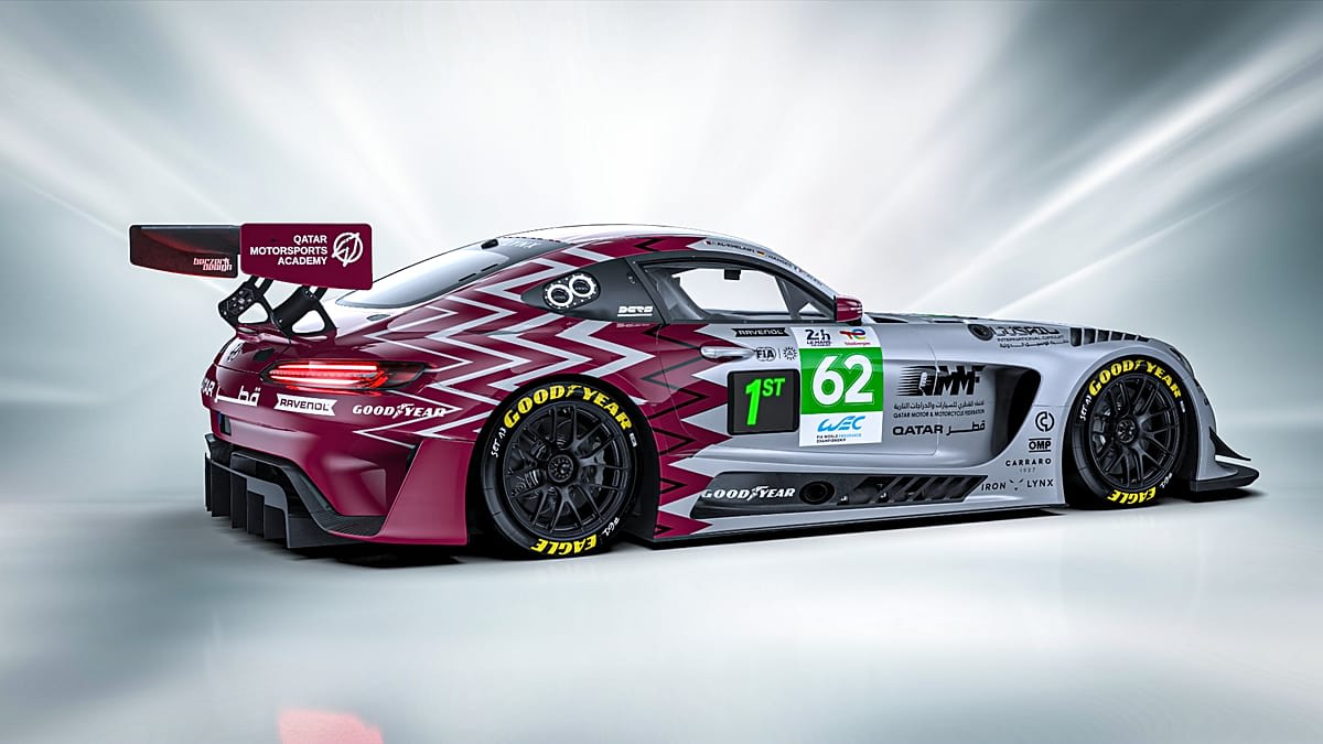 Team Qatar's Mercedes-AMG race car number 62 displayed at Le Mans press conference