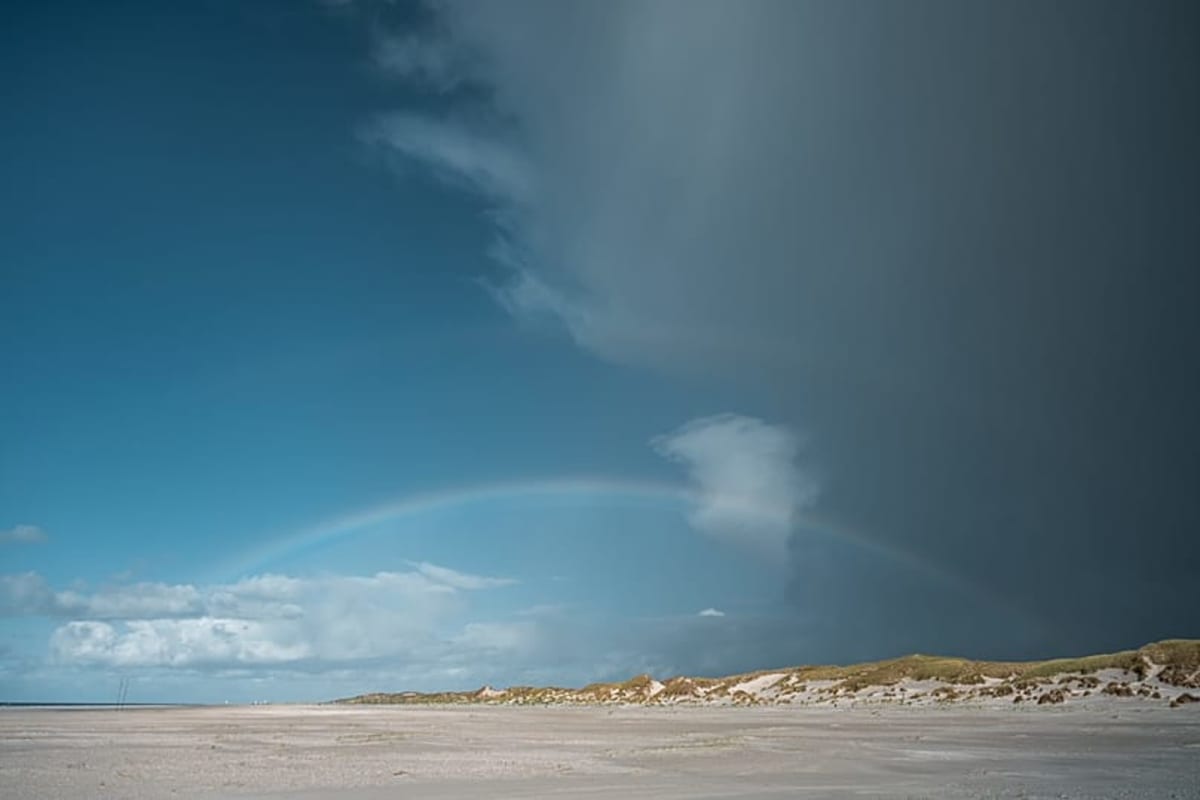 Vast golden sandbank stretching to horizon with dunes and North Sea coastline on Amrum Island