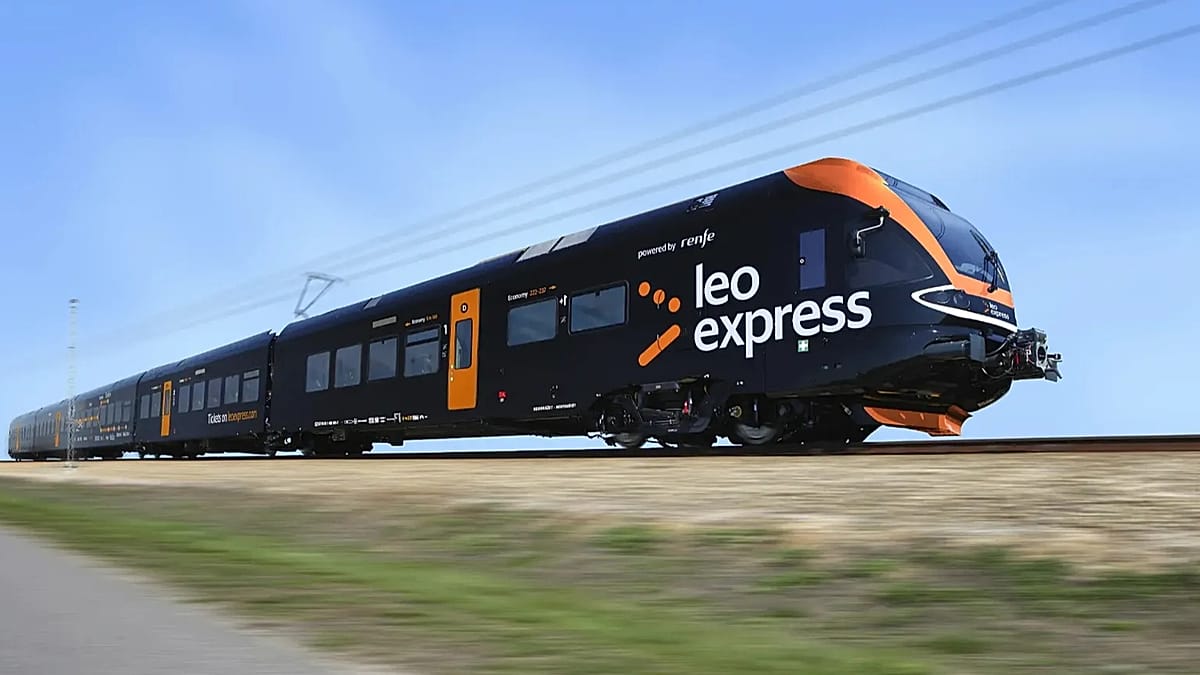 Modern passenger train traveling through European countryside connecting multiple countries along extended rail route