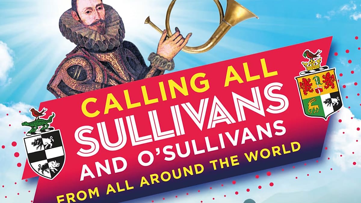 Large crowd of O'Sullivan family members gathered on school grounds in Castletownbere, Ireland