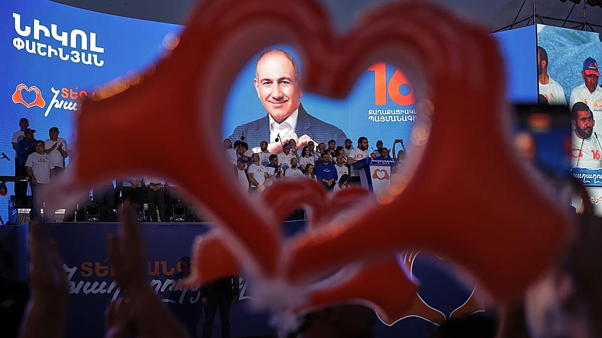 Armenian Prime Minister Nikol Pashinyan speaks at his party headquarters after winning reelection