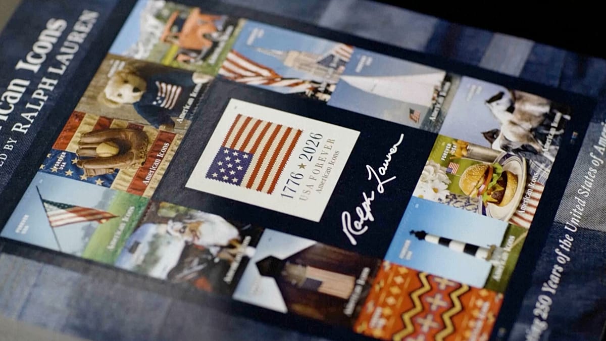 Ralph Lauren commemorative stamp collection displayed at New York postal ceremony celebrating America's anniversary