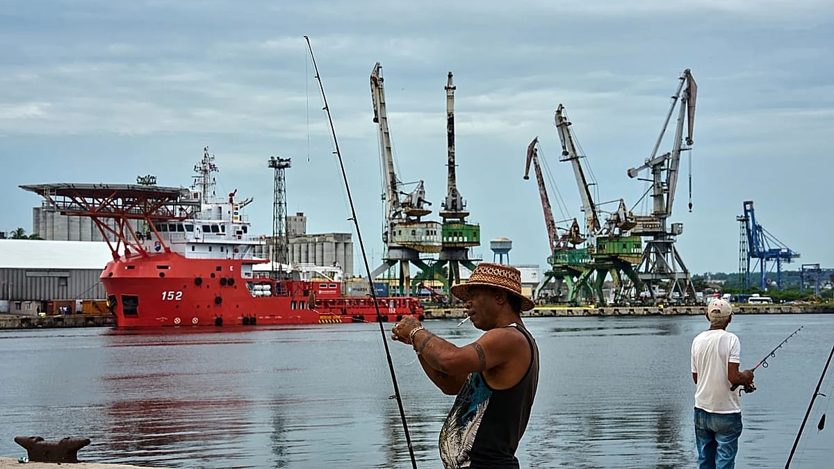 Colombian cargo ship flying national flag enters Havana Bay harbor carrying humanitarian supplies